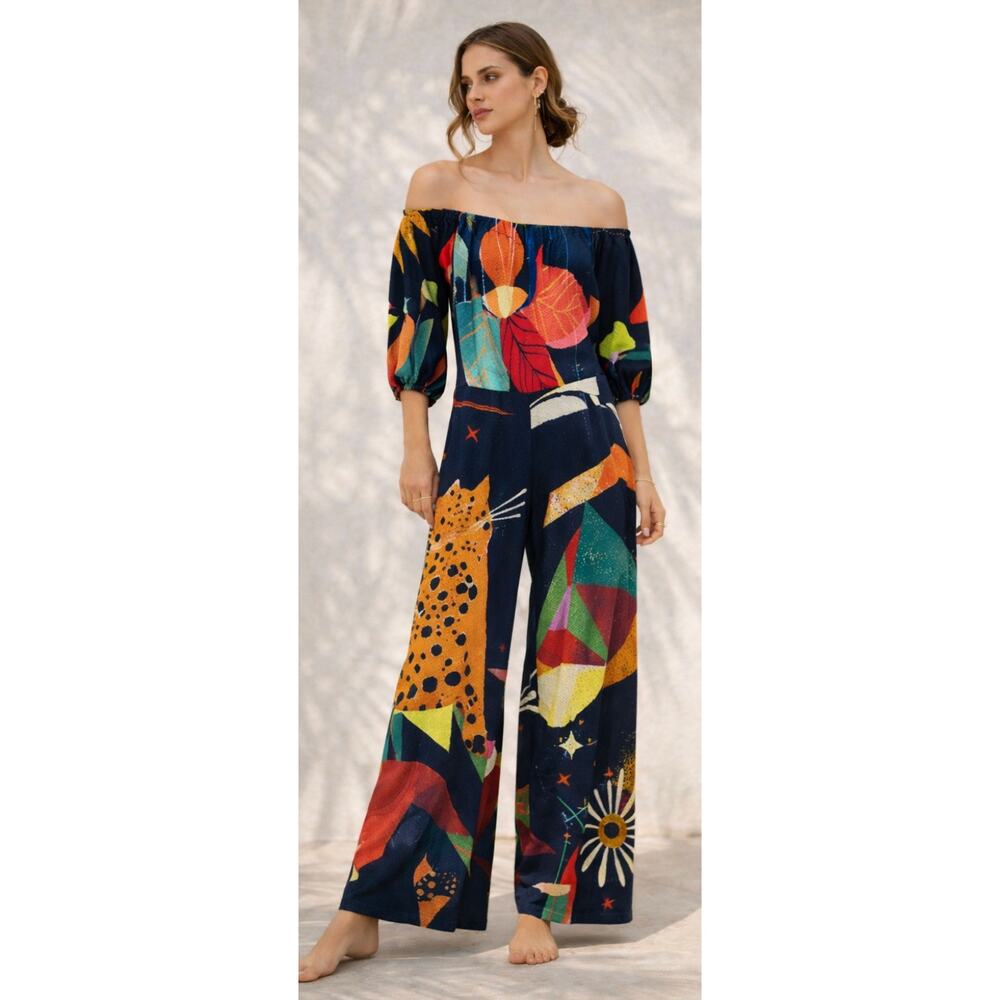 Farm Rio Anthropologie Jumpsuit XS Petite Off Shoulder Wide Leg